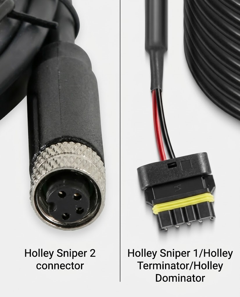 Two Holley EFI cable connectors side by side: a round knurled connector labeled Holley Sniper 2, and a flat multi-pin connector with red and black wires labeled Holley Sniper 1 / Holley Terminator / Holley Dominator.